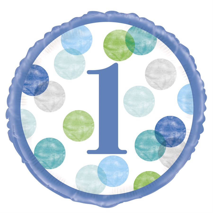 Colourful dots blue 1st birthday foil balloon 18 inch - Air or Helium.
