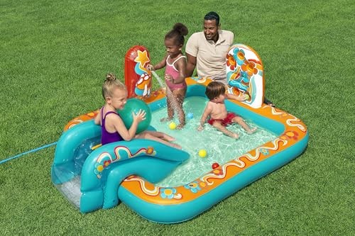 Bestway Retro World Water Play Centre 193 X 152 X 74 Cm Ages 2+ with Water Sprinkler Slide Play Wall Water Polo 5 Play Balls PVC Retro Design