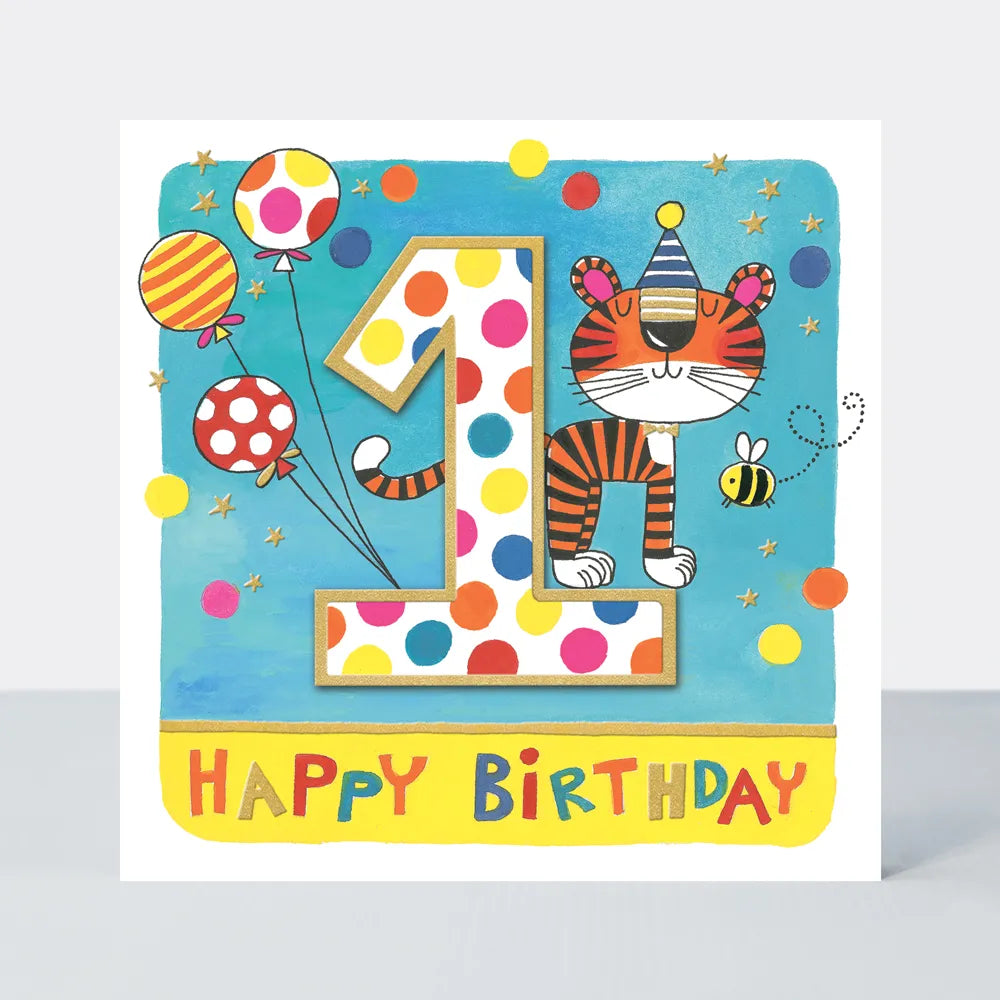 Happy 1st Birthday Card with Tiger and Balloons