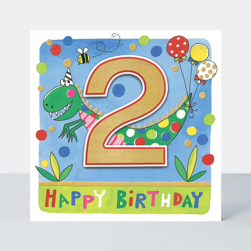 Happy 2nd Birthday Card with Dinosaur and Balloons