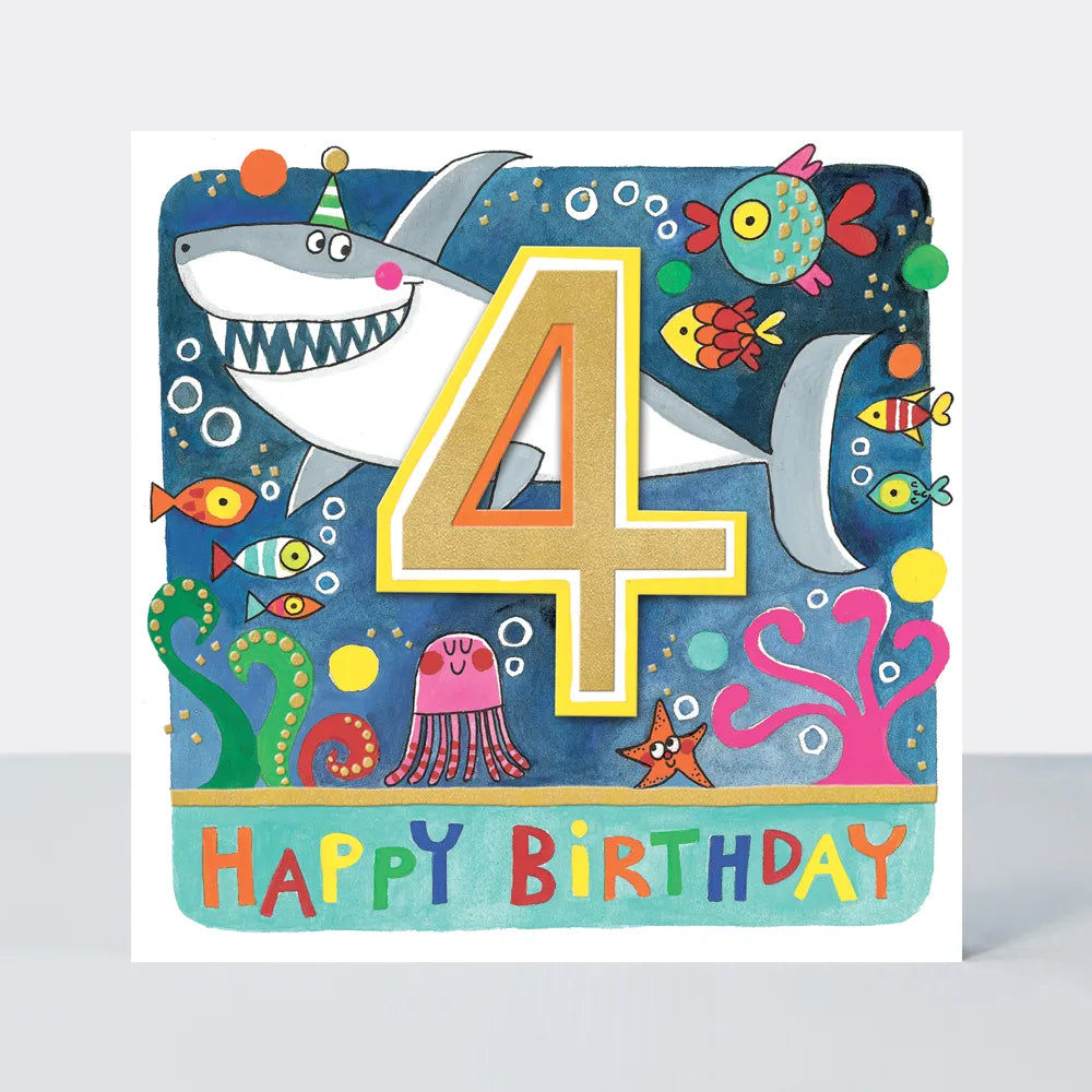Happy Birthday 4th Birthday Card Shark Under The Sea