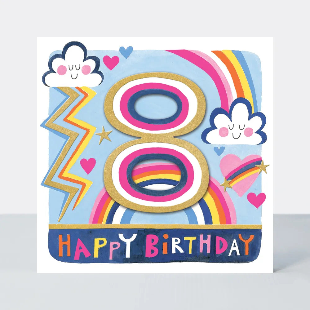 Happy 8th Birthday Card with Rainbows and Clouds
