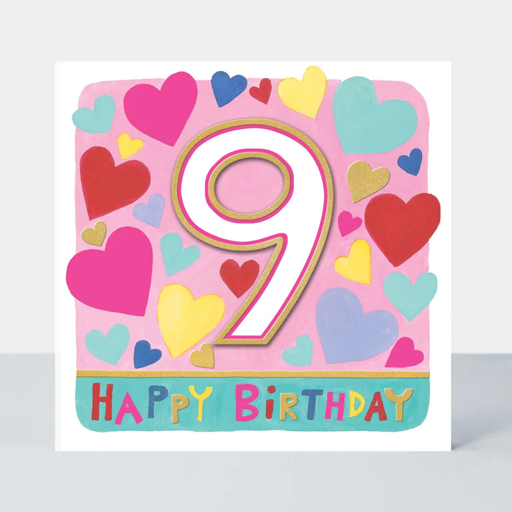 Happy Birthday 9 Card with hearts