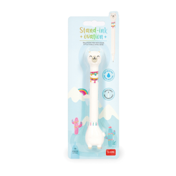 Legami Stand-Ink Ovation Llama Ballpoint Pen with Base, Light Blue Ink