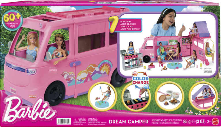 Barbie Dream Camper Playset with Roof Tent, BBQ Grill with Color Change Feature and 60 Accessories