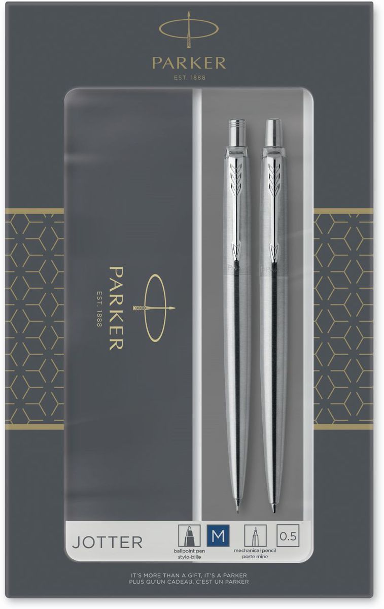 Parker Jotter Duo Gift Set with Ballpoint Pen & Mechanical Pencil (0.5mm) Stainless Steel with Chrome Trim Blue Ink Gift Box