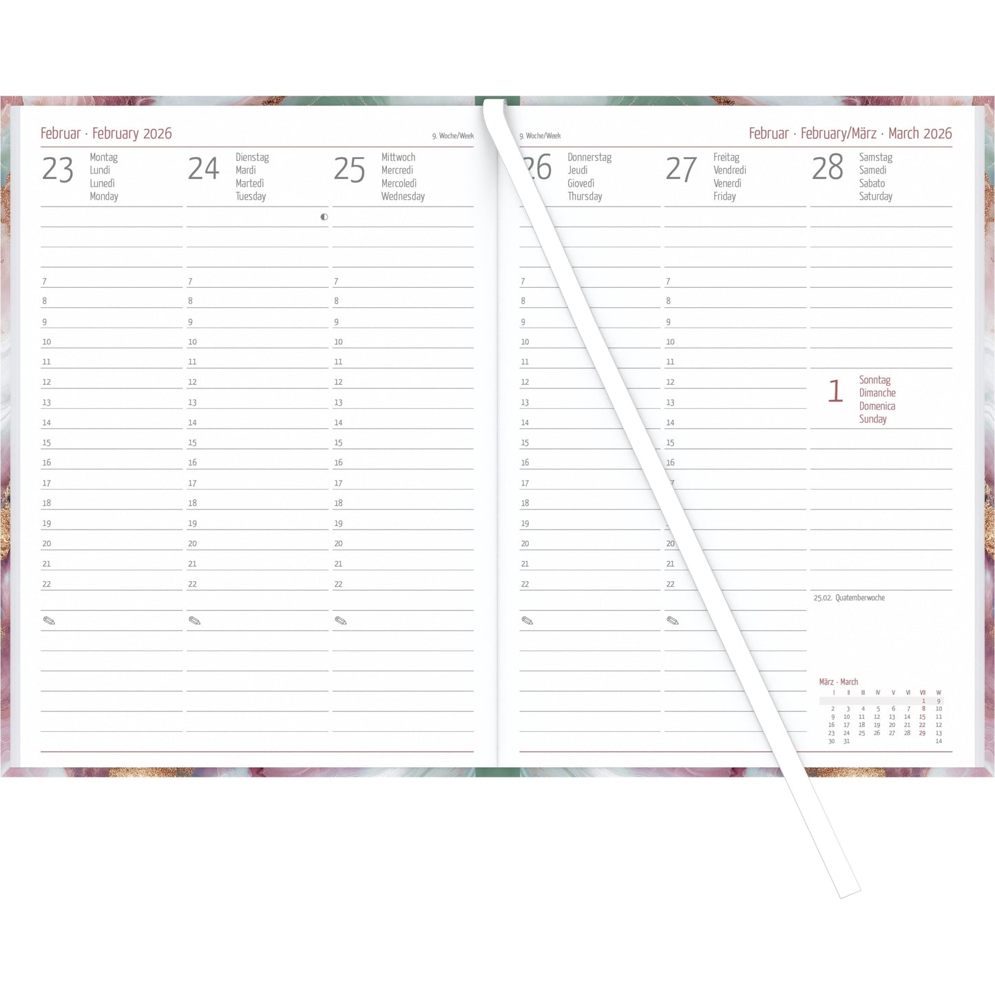 Diary one week on 2 pages Marble A5 Semester Planner 2025/2026