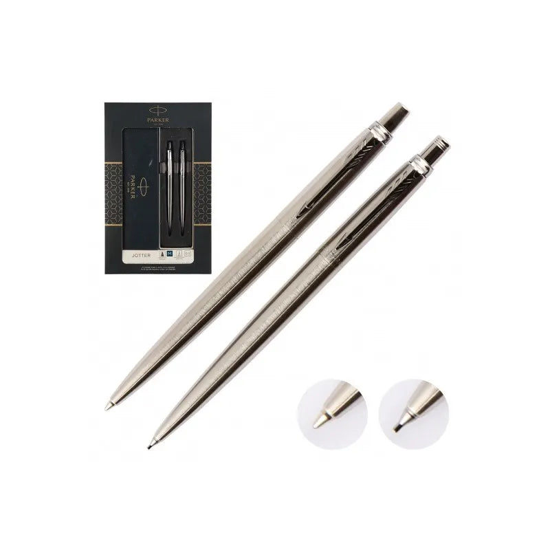 Parker Jotter Duo Gift Set with Ballpoint Pen & Mechanical Pencil (0.5mm) Stainless Steel with Chrome Trim Blue Ink Gift Box
