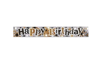 Simon Elvin 9ft Happy Birthday Holographic Foil Banner - Silver, Gold & Black