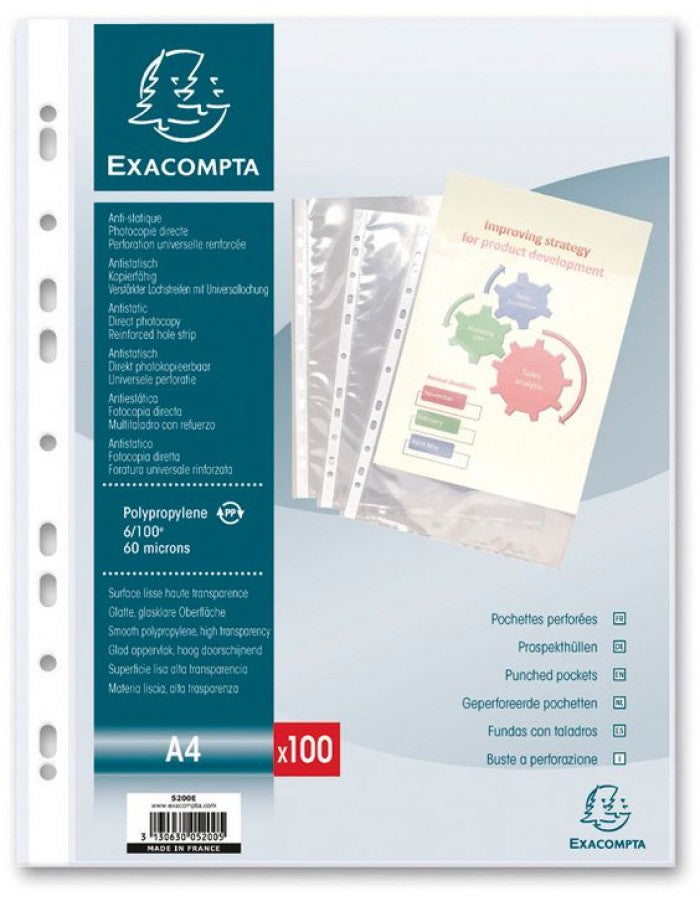 Punched Pockets Clear A4 60 Microns Pkt X100