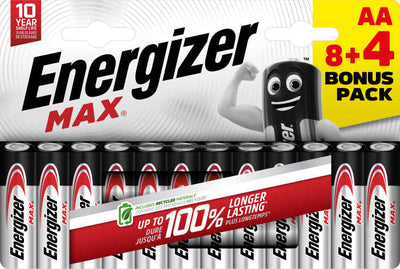 Energizer MAX Alkaline AA 1.5V Batteries - 8+4 Pack