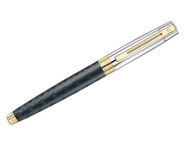 Sheaffer 300 Rollerball Pen Engraved Matt Black Barrel and Shiny Chrome Cap with PVD Gold Trims