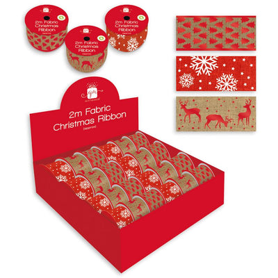 Christmas Wide Fabric Ribbon 3 Designs - 1 X 2Mtrs