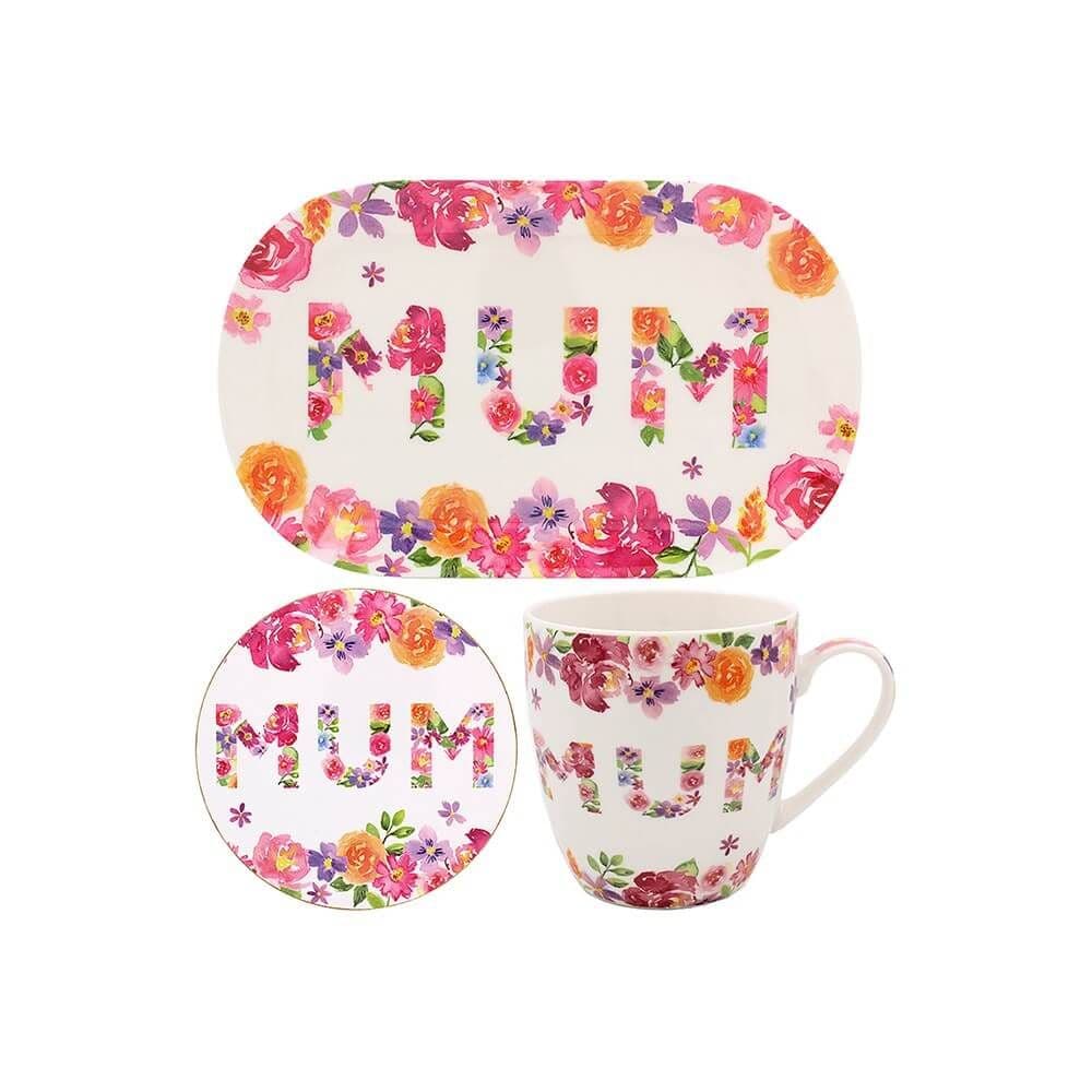Mum Floral Garland Fine China Mug Coaster & Tray Set