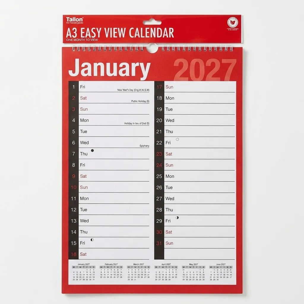 Easy View A3 Calendar 2027