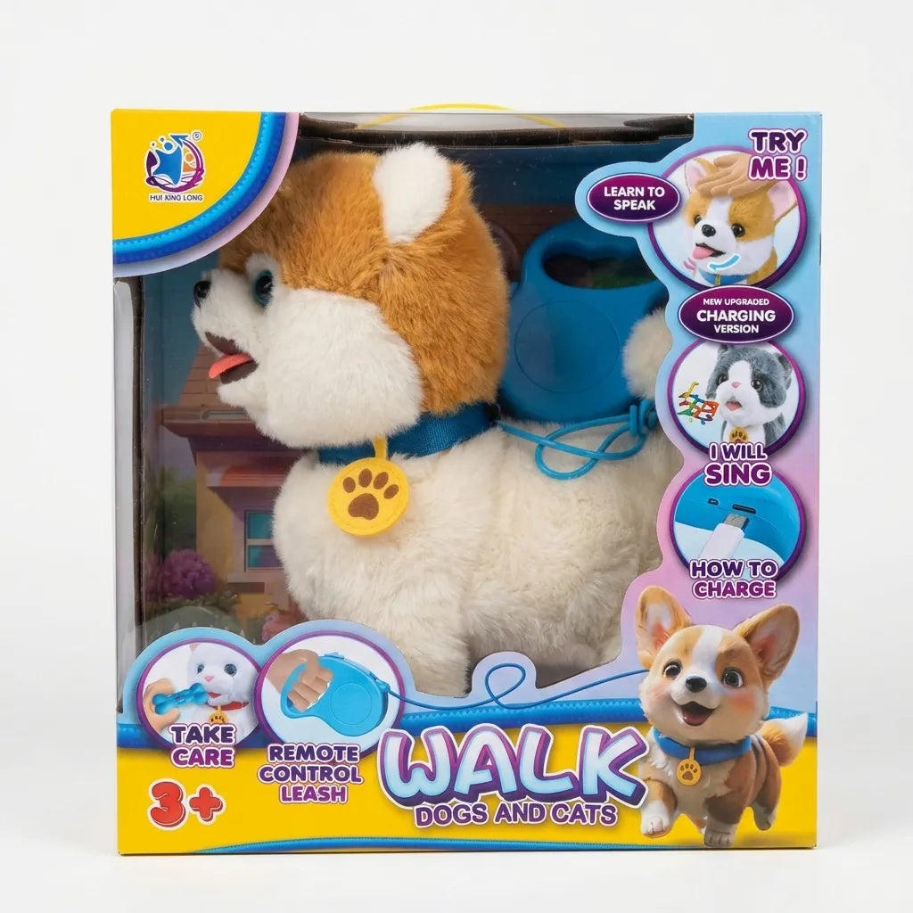 Long Walk Plush Dog Toy with Remote Control Leash Brown and White