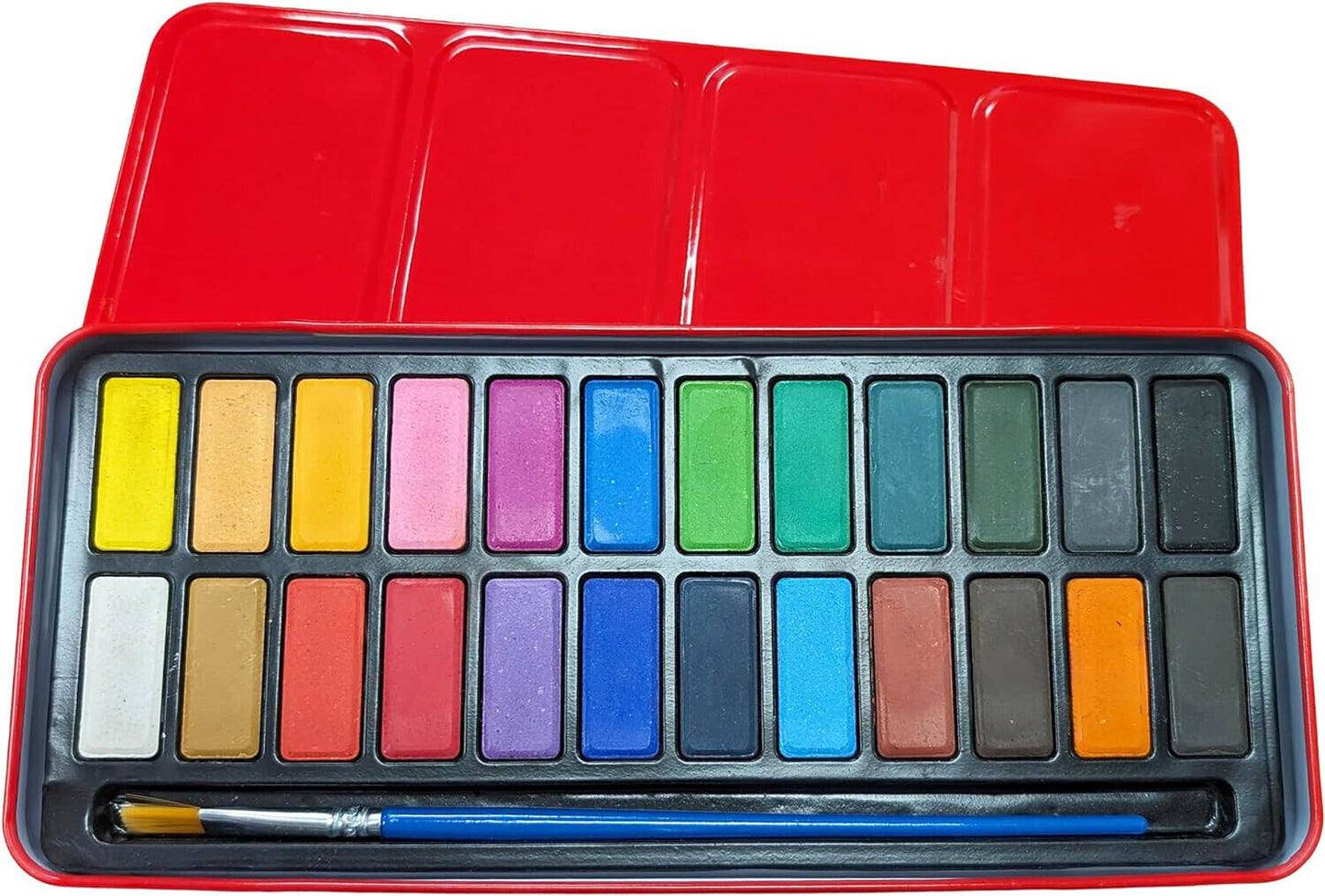Artist Watercolour Paint Set Of 24 Colours & Paintbrush In Metal Tin