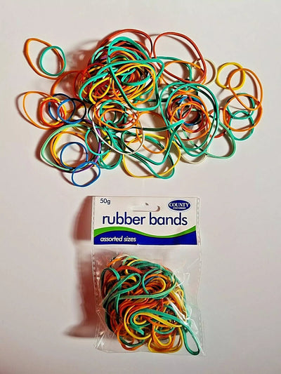 Coloured Rubber Bands Assorted Sizes 50Gr