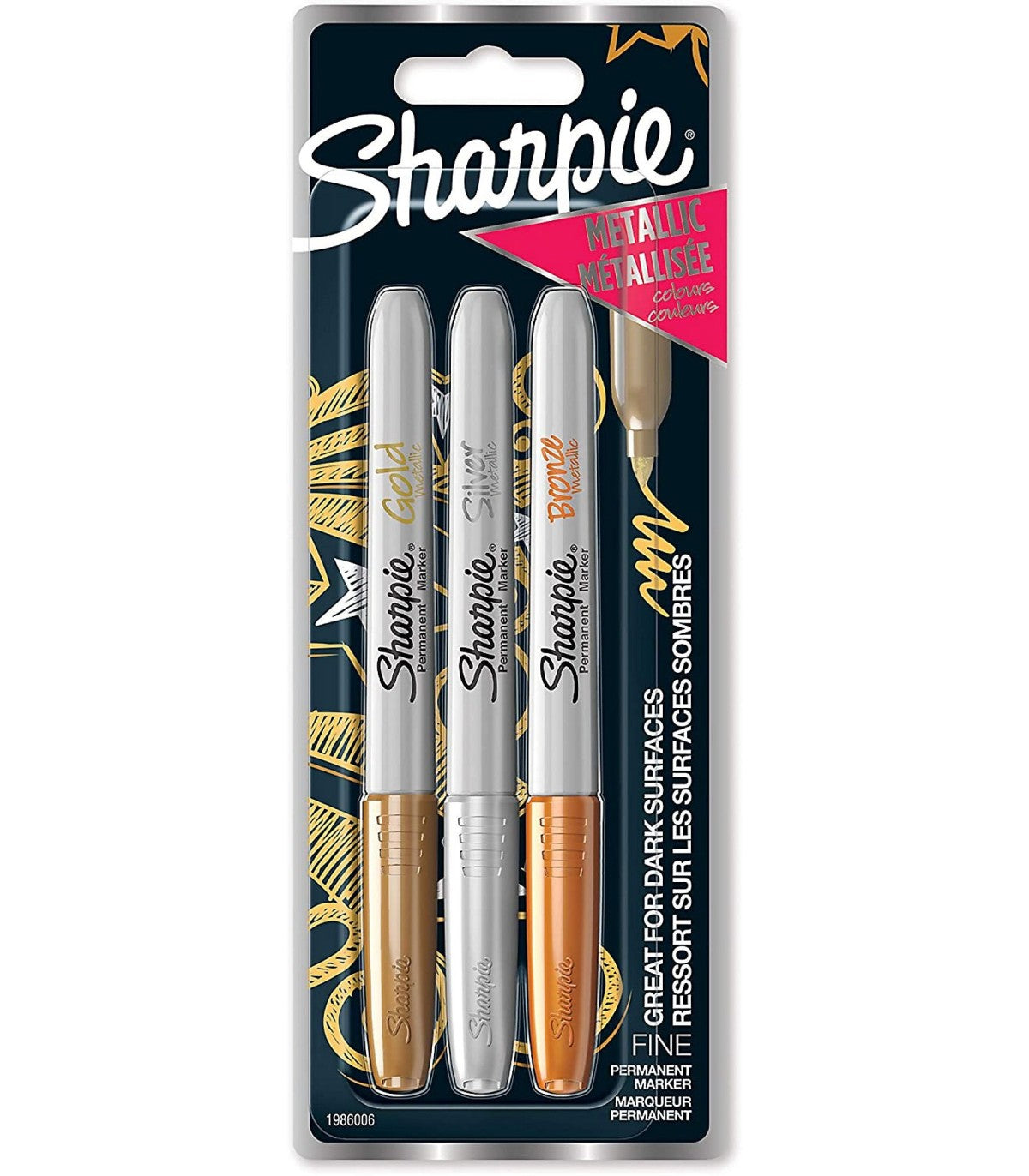 Sharpie Permanent Markers - 3 Metallic Colours Fine Tip