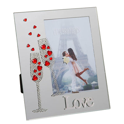 Glass Photo Frame With Gem Champagne Flutes And Mirror Letters – Love