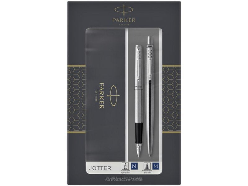 Parker Jotter Gift Set - Stainless Steel Ballpoint Pen - Stainless Steel Fountain Pen