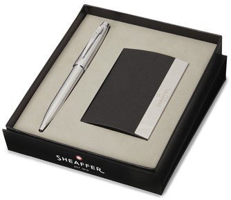 Sheaffer Giftset Brushed Chrome Balpen And Business Card Holder