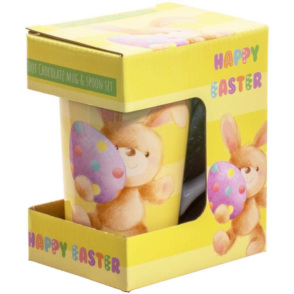 Easter Hot Chocolate Mug & Spoon Set featuring a cute bunny and colourful Easter egg design.