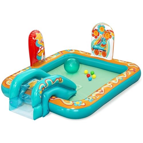 Bestway Retro World Water Play Centre 193 X 152 X 74 Cm Ages 2+ with Water Sprinkler Slide  Play Wall  Water Polo  5 Play Balls  PVC  Retro Design