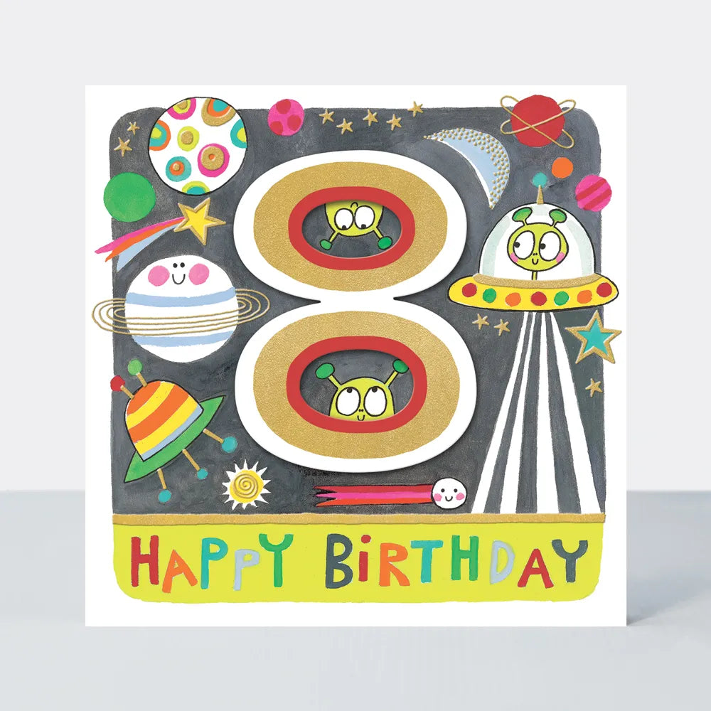 Happy Birthday 8th Birthday Card with Aliens and Space Theme
