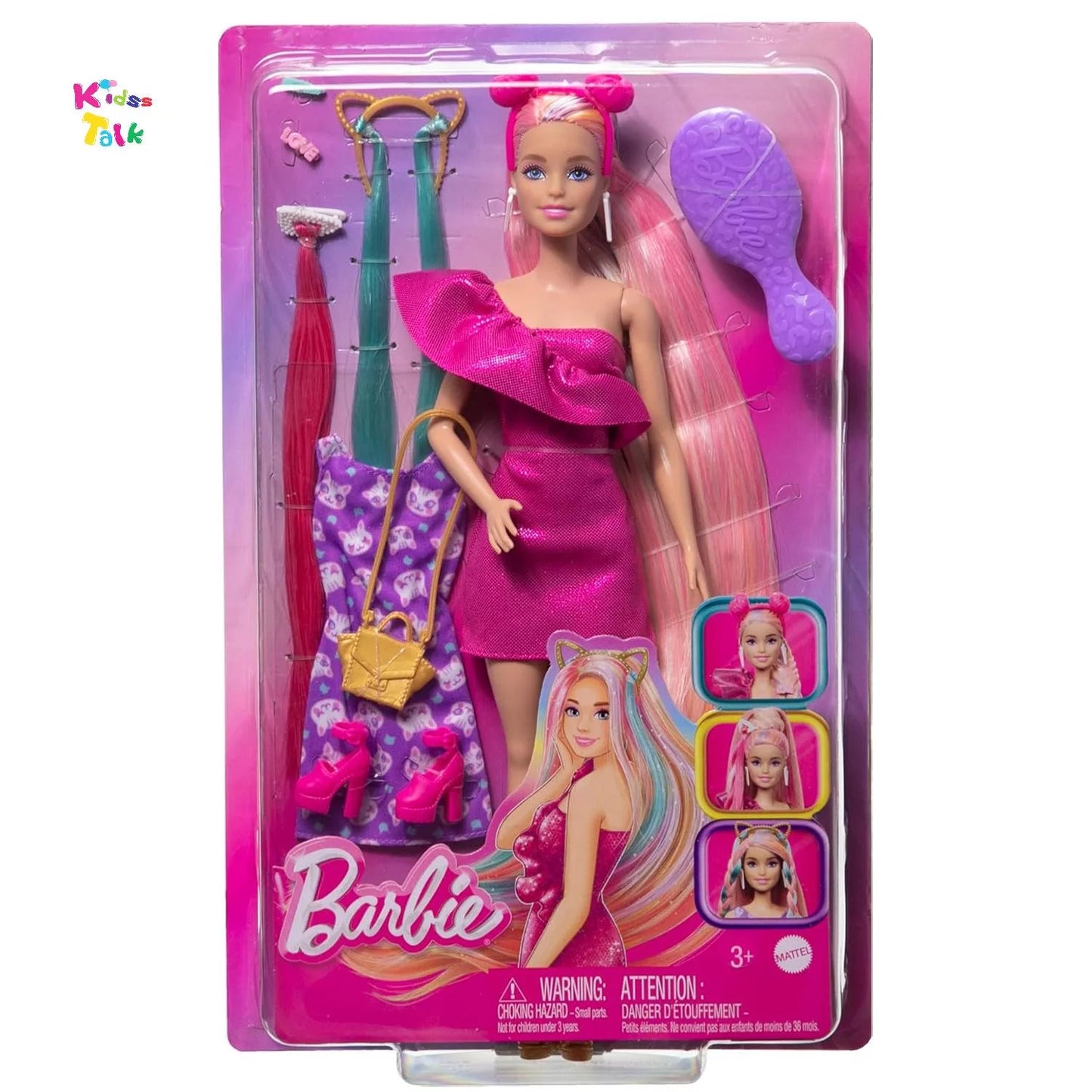 Barbie Doll Fun & Fancy Hair With Extra-Long Colorful Blonde Hair And Glossy Pink Dress