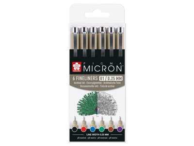 Micron Waterproof - Permanent Set Of 6 Fineliners 0.25Mm Assorted Colours