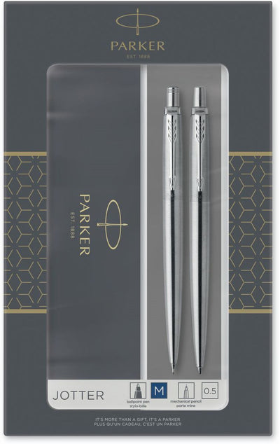 Parker Jotter Duo Gift Set with Ballpoint Pen & Mechanical Pencil (0.5mm) Stainless Steel with Chrome Trim Blue Ink Gift Box