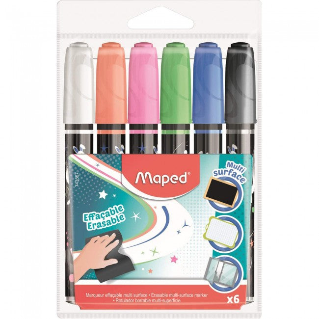 Chalk Markers Multi Surface Erasable Set X6 Blue, Black, White, Orange, Pink, Green