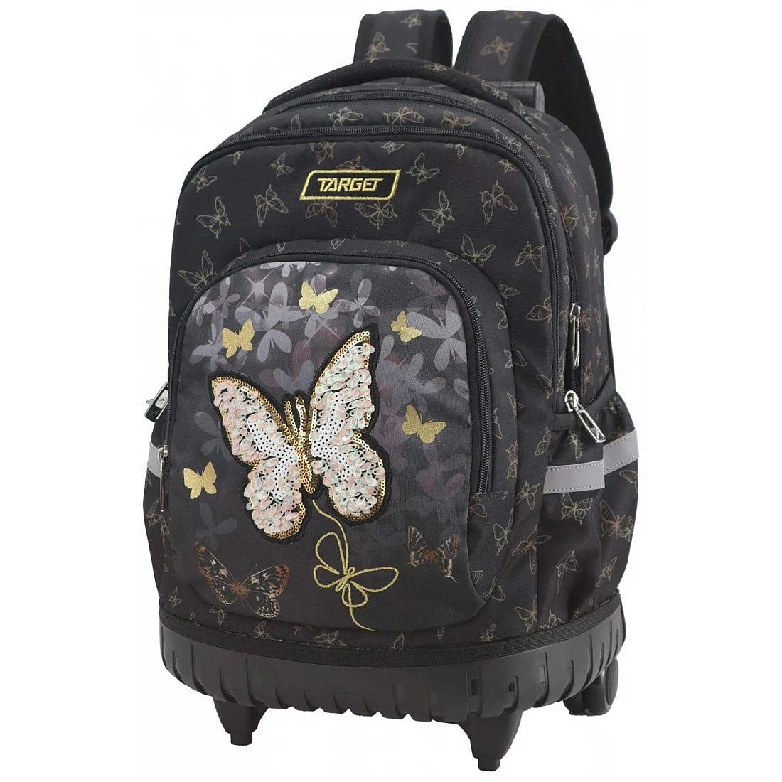 School Bag With Trolley - Gold Butterfly 2 Zip Large Compartments