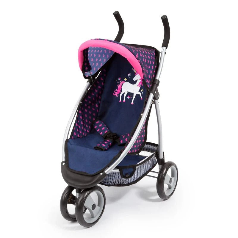 Jogger Dolls Pram - Dark Blue With Pink Hearts & Unicorn - H 69Cm