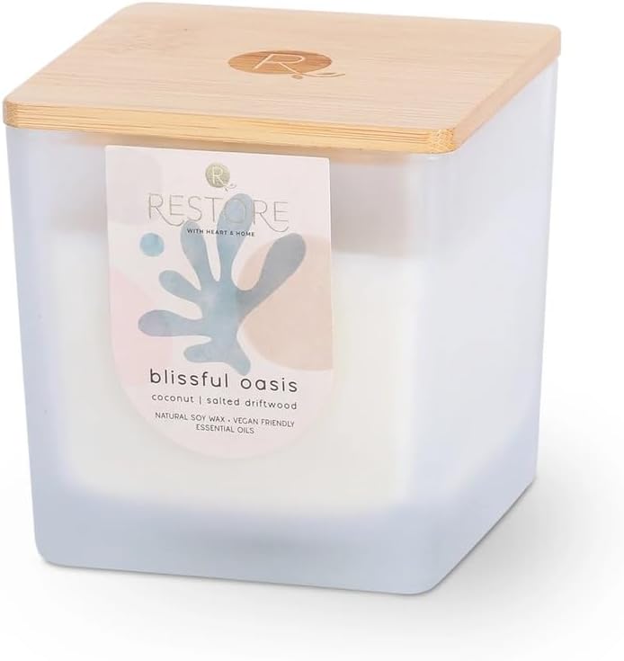 Heart & Home Restore Large Luxury Soy Blend Candle -Blissful Oasis - Whisper Wick - Vegan Friendly - Long Lasting Aroma for Home and Relaxation 210g