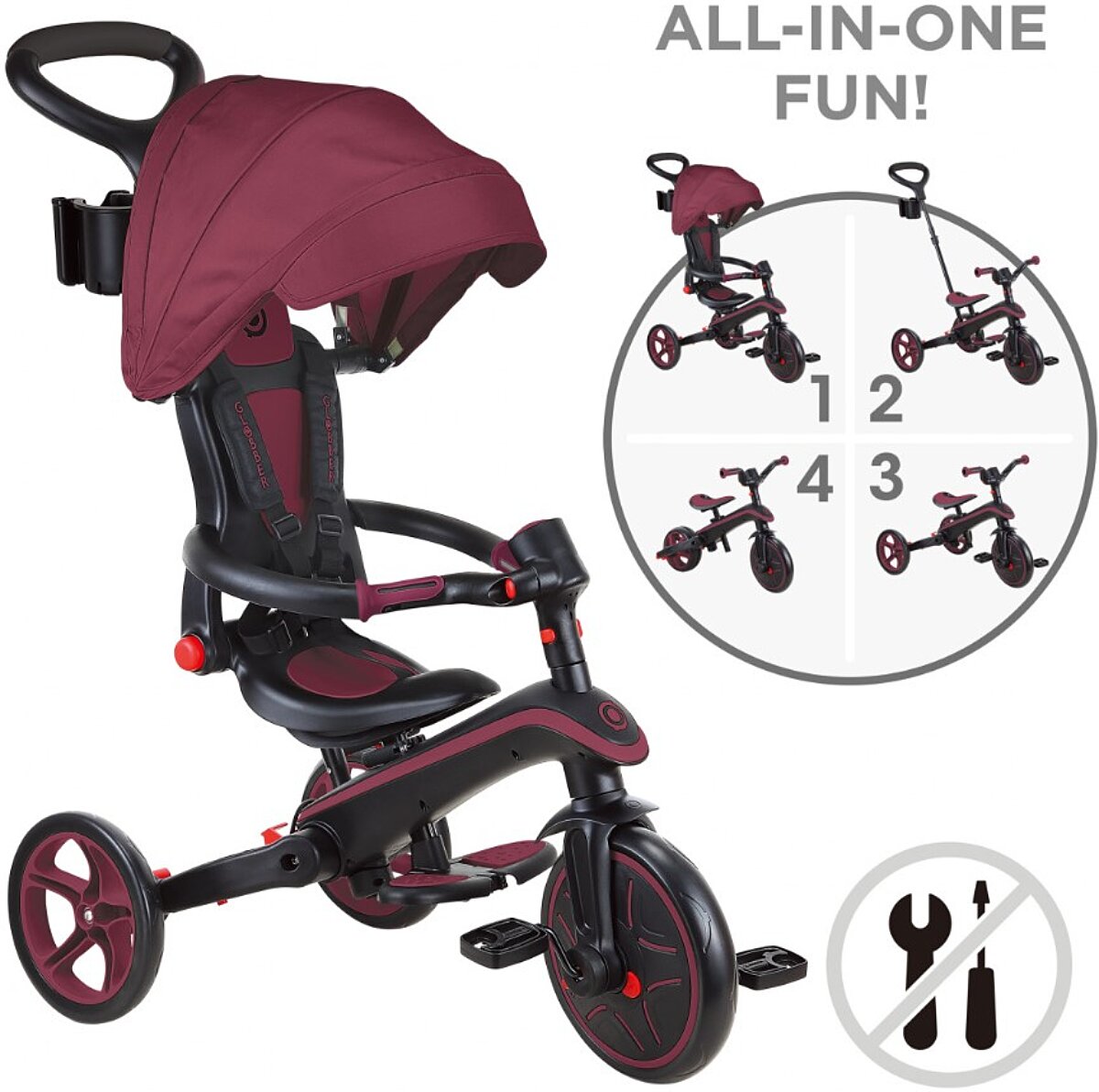 Globber Explorer Trike Foldable 4 in1 Tricycle  Burgundy
