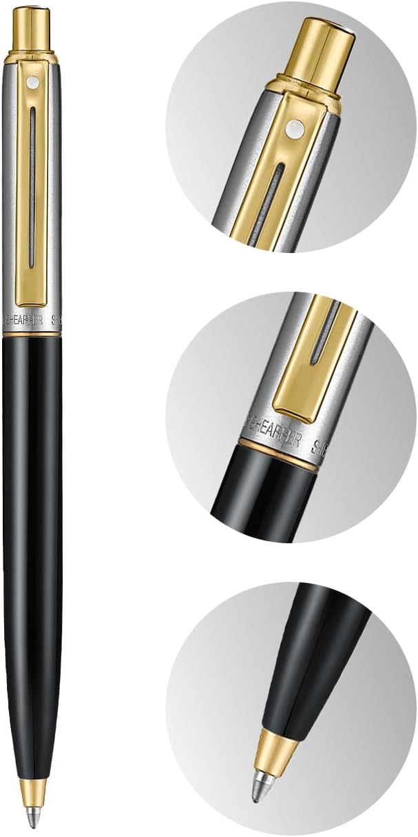 Sheaffer Sentinel Metal Ballpoint Pen, Glossy Black Barrel, Brushed Chrome, Gold-plated Trims, Medium Point