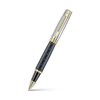 Sheaffer 300 Rollerball Pen Engraved Matt Black Barrel and Shiny Chrome Cap with PVD Gold Trims