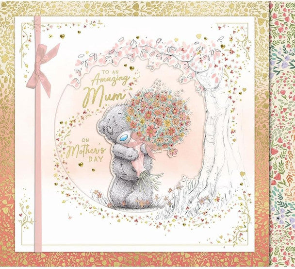 Bear Holding Bouquet Amazing Mum Luxury Handmade Mother's Day Card with Keepsake Box