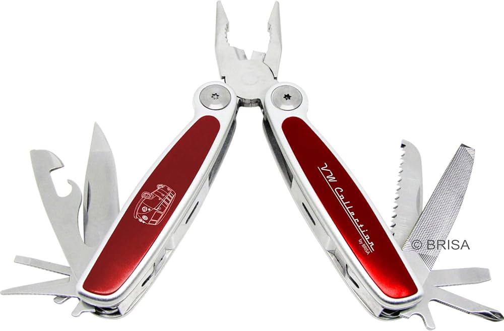 VW Collection 8 in 1 Stainless Steel Folding Multifunction Tool in Retro Vintage Style with T1 Bus - Silhouette/Red