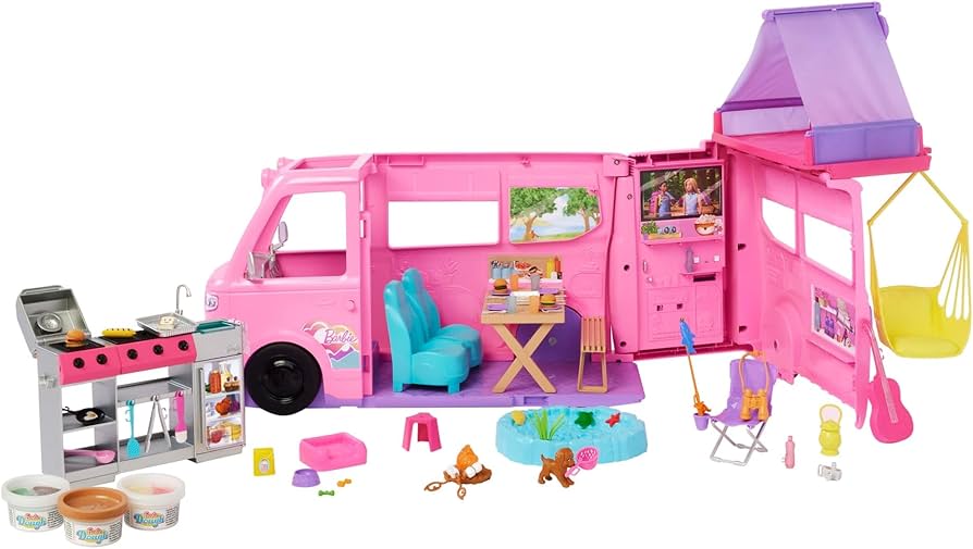Barbie Dream Camper Playset with Roof Tent, BBQ Grill with Color Change Feature and 60 Accessories