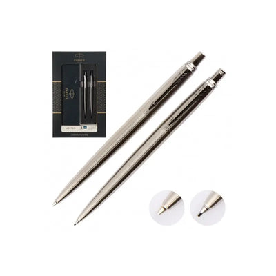Parker Jotter Duo Gift Set with Ballpoint Pen & Mechanical Pencil (0.5mm) Stainless Steel with Chrome Trim Blue Ink Gift Box