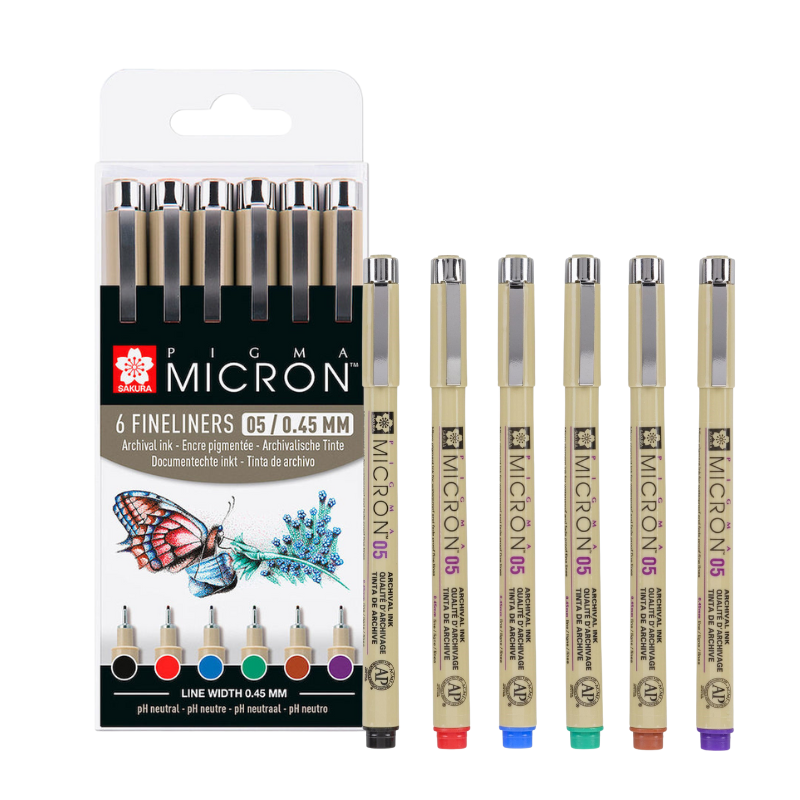 Micron Waterproof - Permanent Set Of 6 Fineliners 0.45Mm Assorted Colours