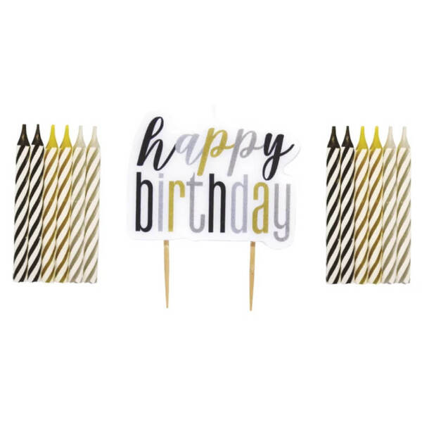 Black Gold Striped Spiral Candles & Happy Birthday 13 pcs