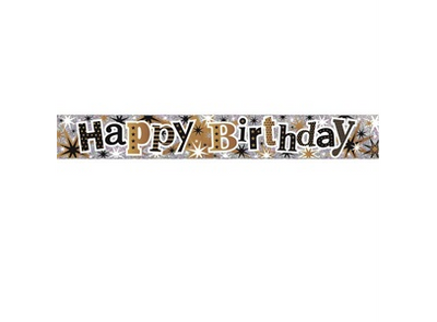 Simon Elvin 9ft Happy Birthday Holographic Foil Banner - Silver, Gold & Black