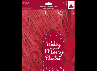 Christmas Gift Tag - Flower Ribbon - Shredded Tissue  Red - Cellophane Wrap