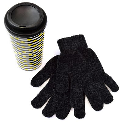 Patterned Travel Mug And Chenille Gloves Gift Set