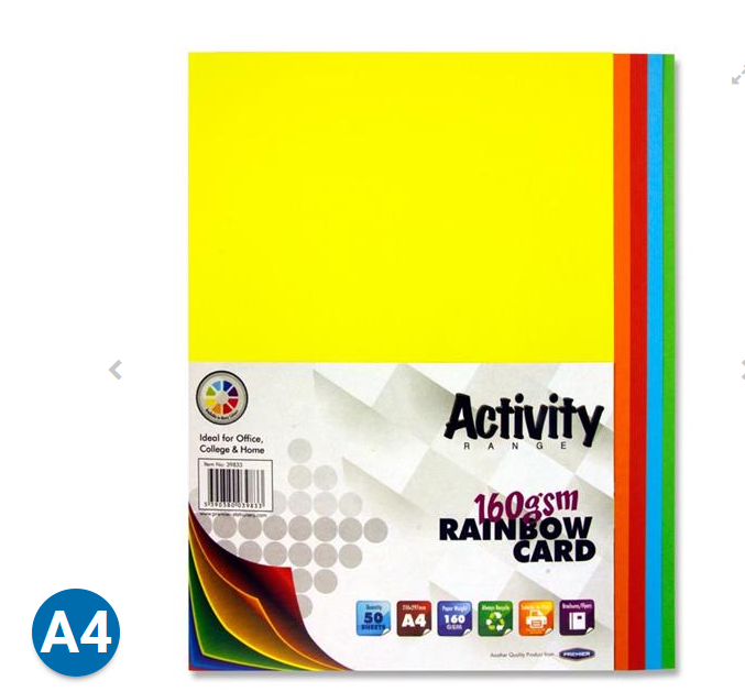 Premier Activity A4 160gsm Card 50 Sheets - Rainbow