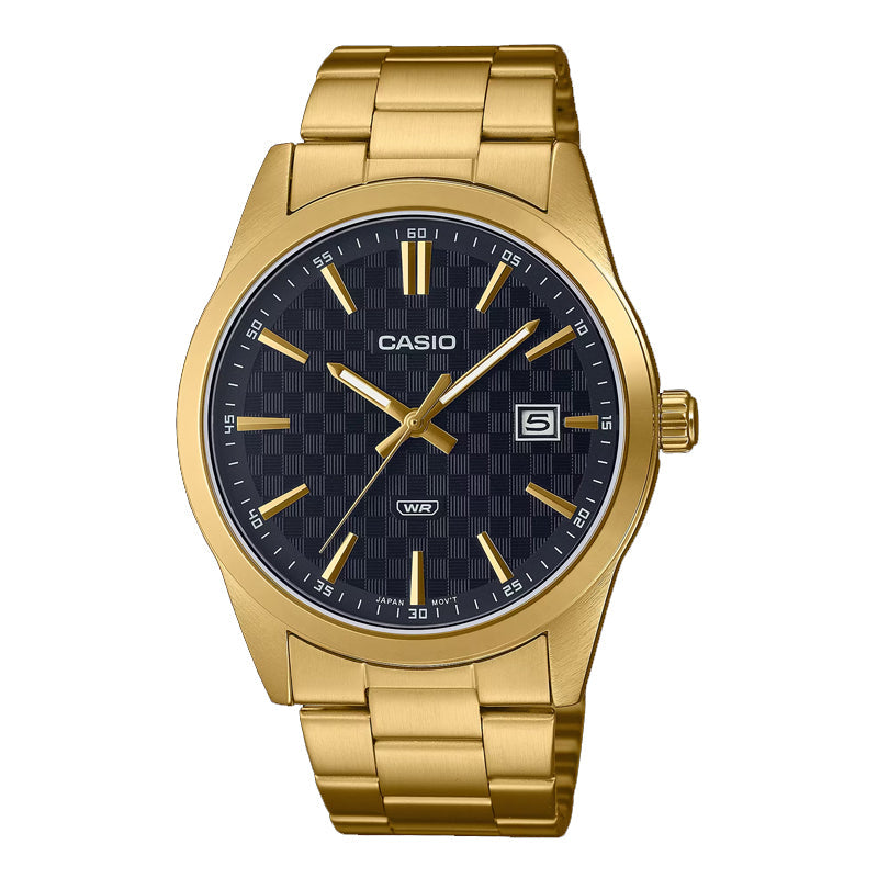 Casio Date Carbon Look Black \ Gold Stainless Steel Mens Watch